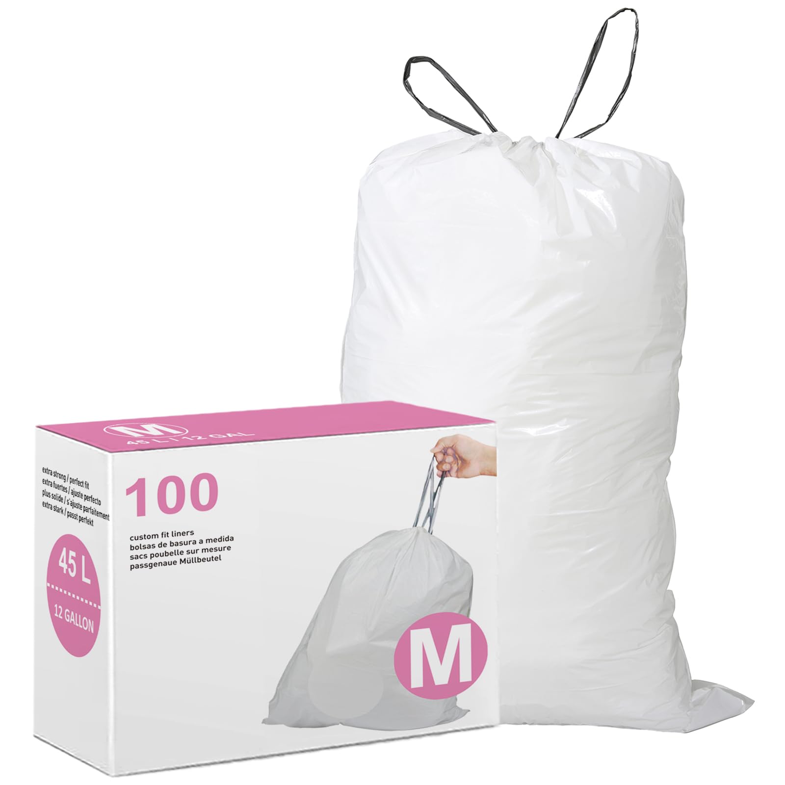Code M Drawstring Trash Bags Compatible with simplehuman Code M | 12 Gallon 45 Liter | 100 Count | 1.2 Mil | Heavy Duty White Custom Fit Garbage Liners (Pack of 1)