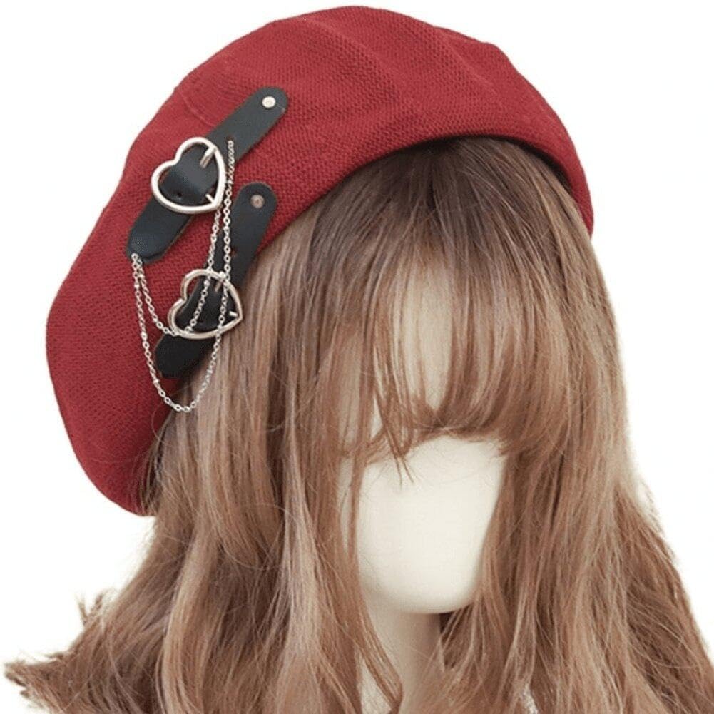 Sanfly Gothic Punk Beret Lolita Girls Heart Buckle Beanie Jk Hat Breathable Preppy Style Lolita Hat for Women Girls
