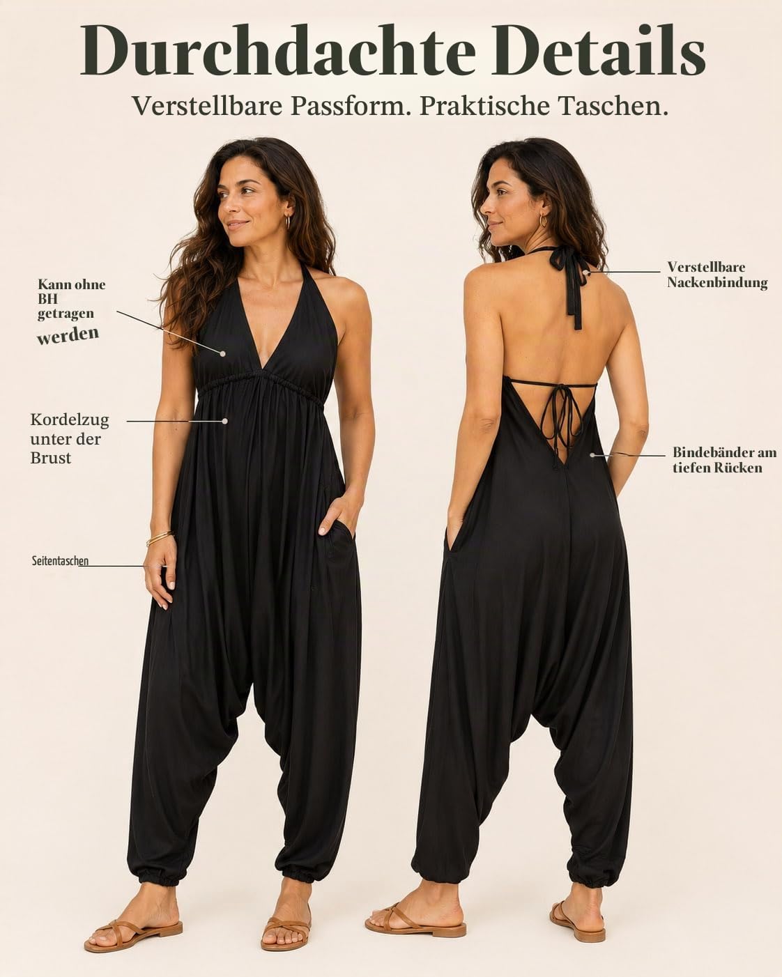 likemary Jumpsuit Damen Sommer – Luftiger Neckholder Overall mit Taschen – Boho Einteiler Damen mit Rückenausschnitt – Romper Damen Sommer Outfit