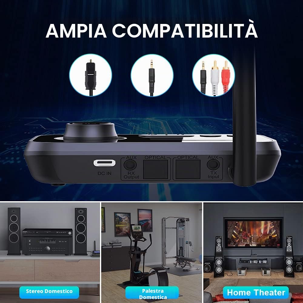 Trasmettitore Ricevitore Bluetooth 3-in-1 Adattatore Audio Bluetooth 5.3 per 2 Cuffie con Cavi Bypass Aux/Ottico/RCA ON/off Automatico LCD Display Controllo Volume per TV Stereo Casa PC