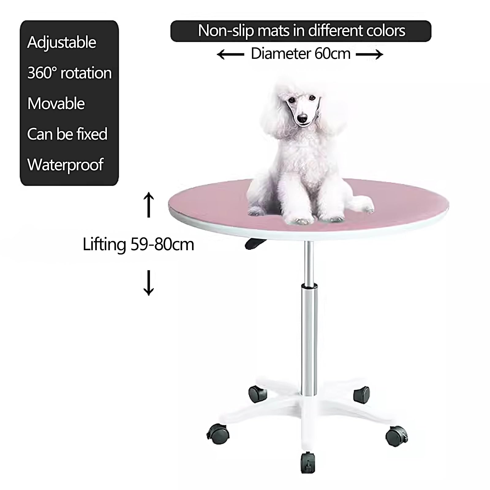Giratorio Mesa de Peluquería para Mascotas Mesa Peluqueria Canina Elevable 59-80cm, Tablero de Madera y Marco de Acero Inoxidable con Alfombrilla de Goma(White)