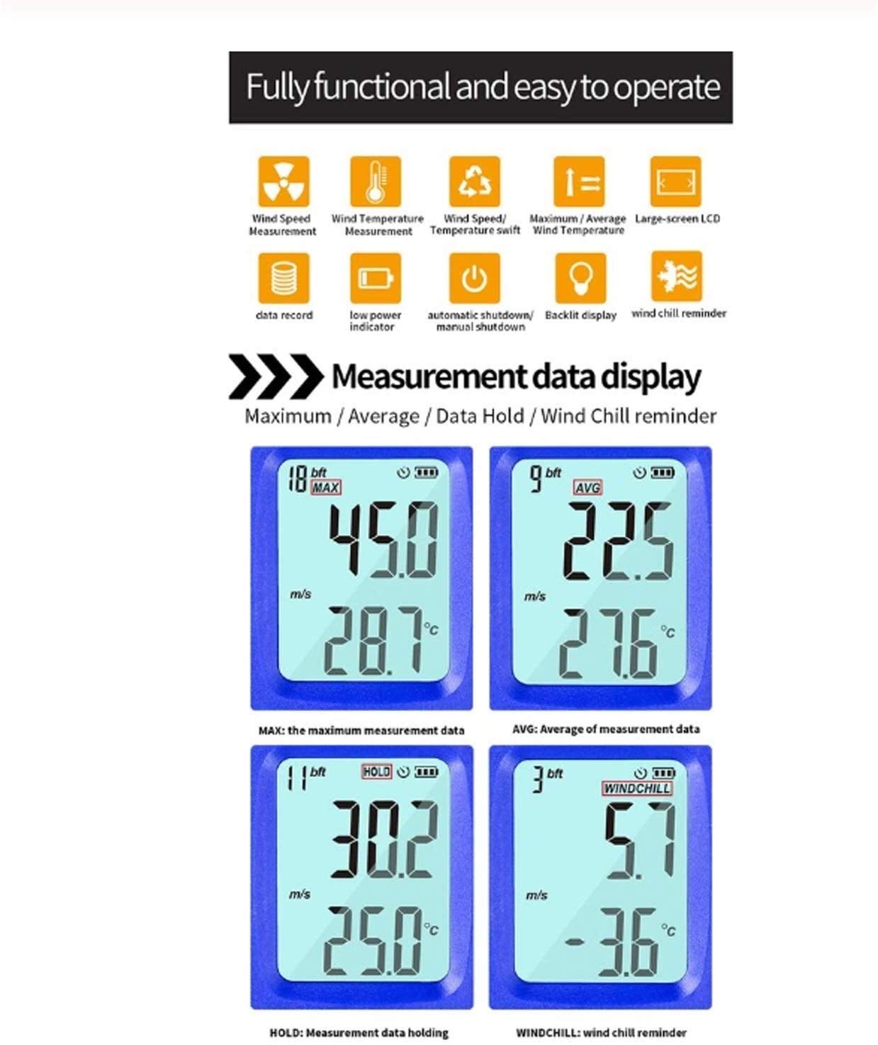 Test i pomiar cyfrowy anemometr Data Hold Temperatura Prędkość wiatru Prędkość Anemometr Anemograf Handheld Wiatr Miernik