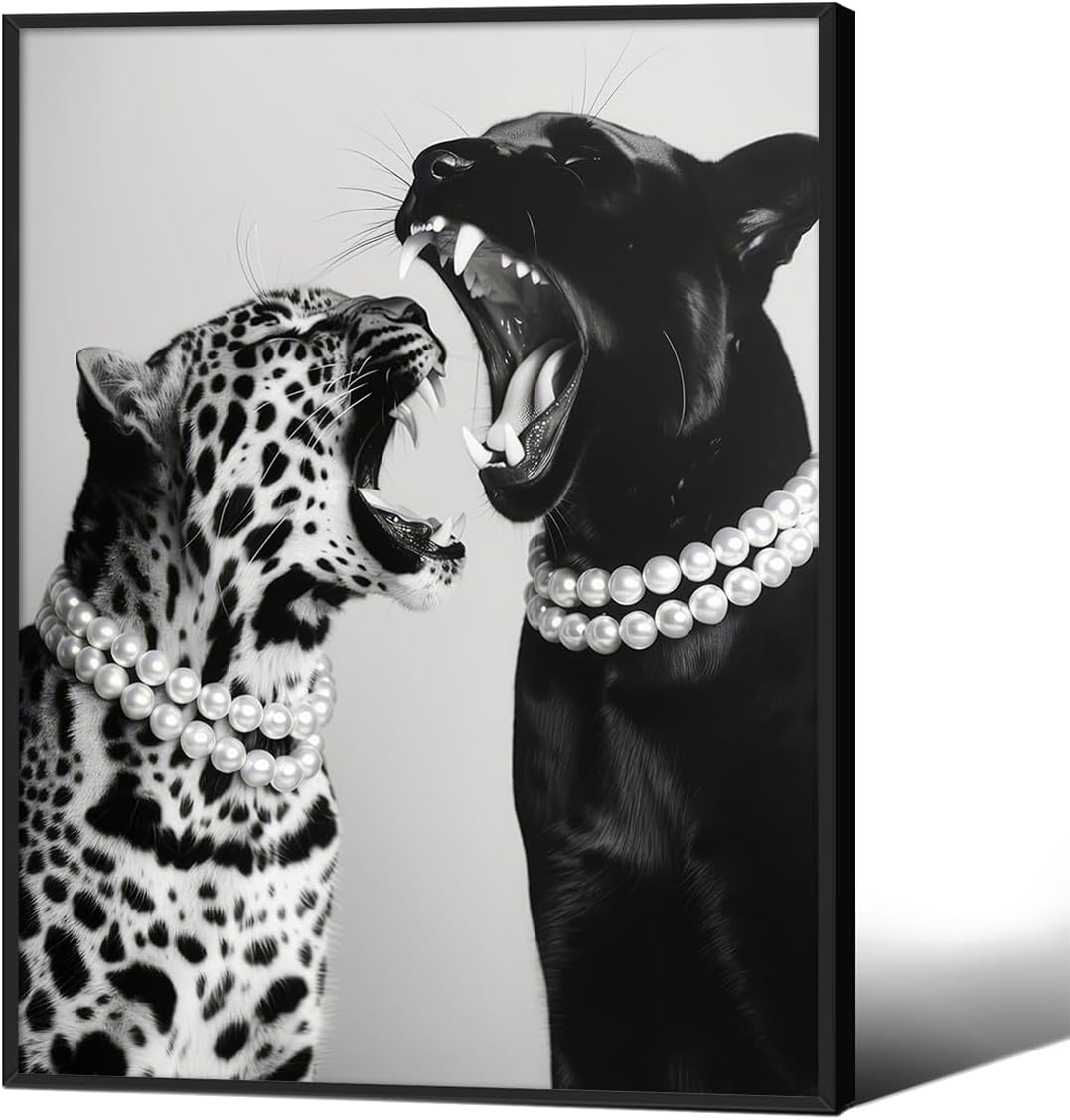 Vintage Animal Leopard Aesthetic Canvas Wall Art Black And White Funny Cheetah Poster 12x16 inch Black Framed Fashion Painting Prints for Living Room Dorm Bedroom Wall Decor