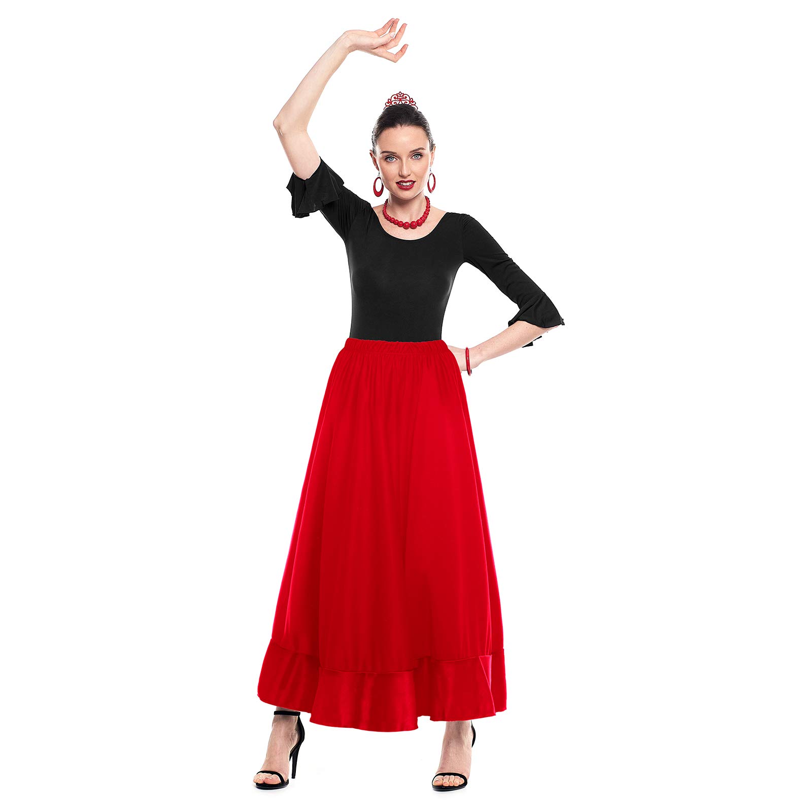 Falda Flamenca Mujer Larga Roja Volante Simple [Tallas Adulto S a XXL]【Talla M】 Ensayo Baile Danza Disfraz