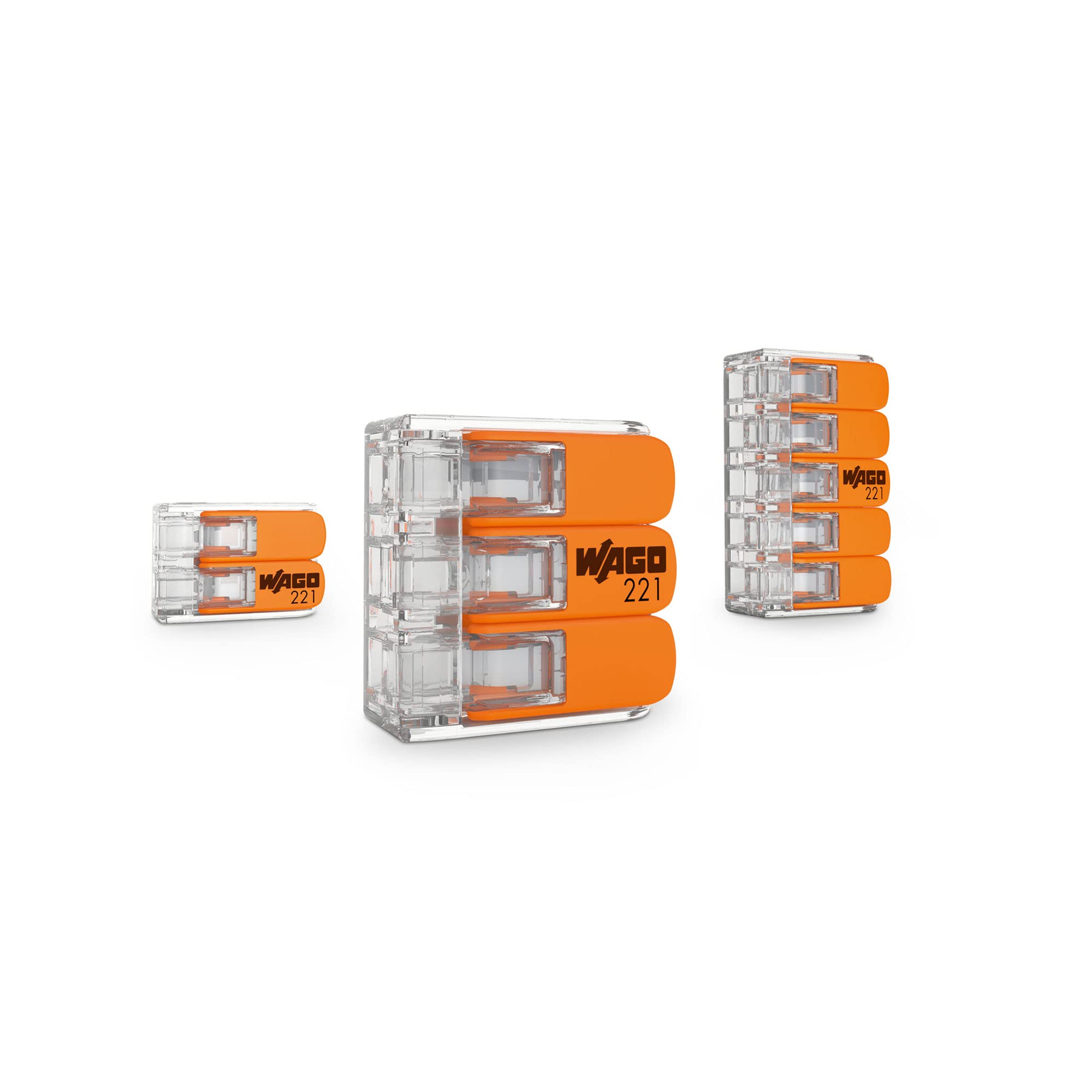 Wago 221 - Set di morsetti di collegamento con leva 221-412, 221-413, 221-415 & Adattatore di fissaggio serie 221 – 4 mm², per montaggio su TS 35, arancione, 221 – 500