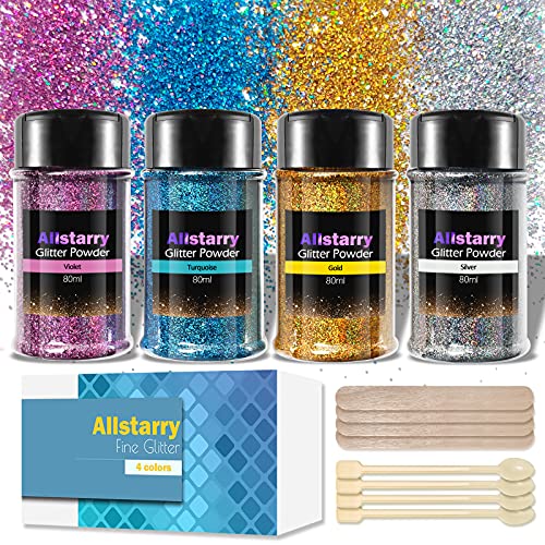 Allstarry Poudre de paillettes ultra fines 4 couleurs métallisées argent doré 80 ml par pot pour résine, gobelets, slime, peinture, nail art, décoration Cover