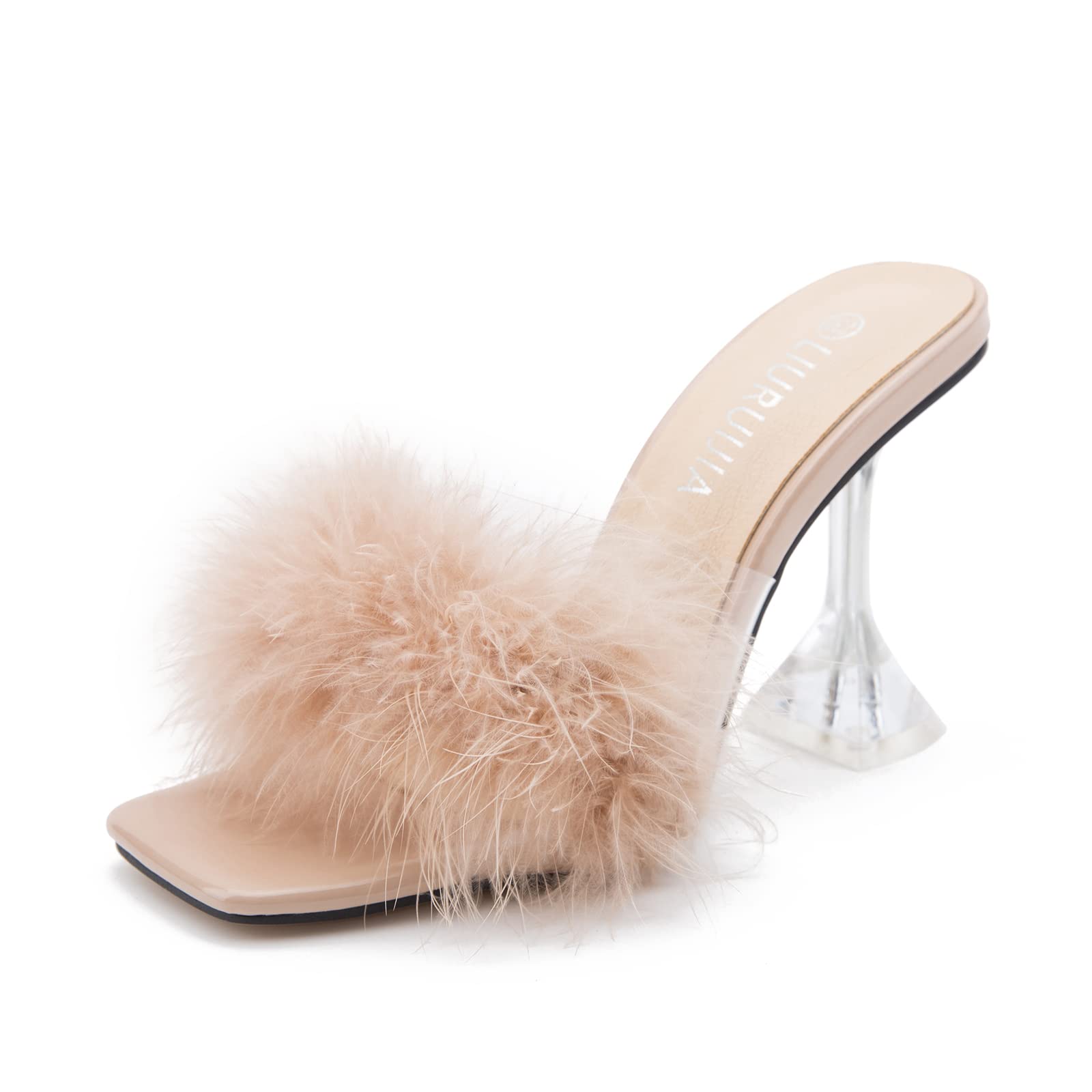 LIURUIJIA Women's Feather High Heeled Mules Slip On Sandals Square Toe Bridal Wedding Party Shoes Fuzzy Fluffy Sexy Clear Heels