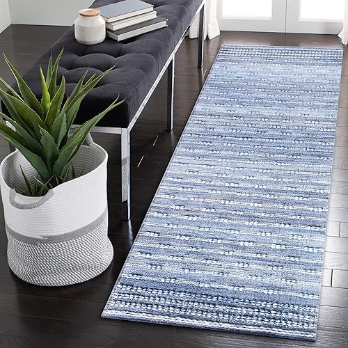 Liora Manne Hudson Indoor/Outdoor Hand Woven Polyester Handmade Area Rug - Traditional Stripe Casual Accent (Bubble Stripe Blue) (2' x 8')