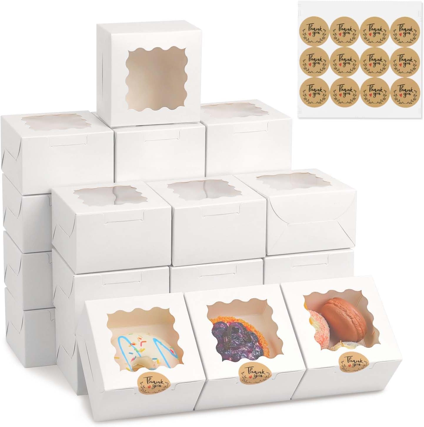 50pcs 4x4x2.5 inches bakery boxes with window, white cookie boxes for gift giving, treat boxes for desserts, macarons, donuts, pastries