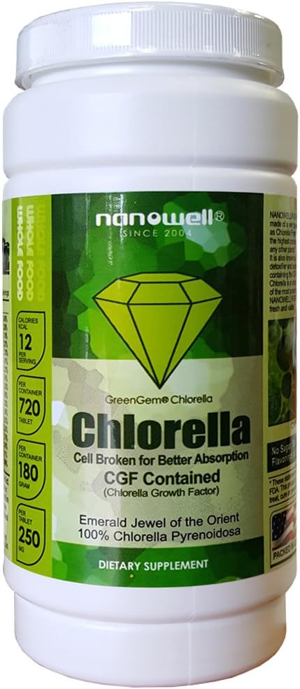 Nanowell® GreenGem Chlorella, Cell-Wall Broken Chlorella, 250mg x 720 Tablets | Free from Radioactive Contamination | Natural Detox -Boost Immune System -Helps with Fatigue -Skin Care