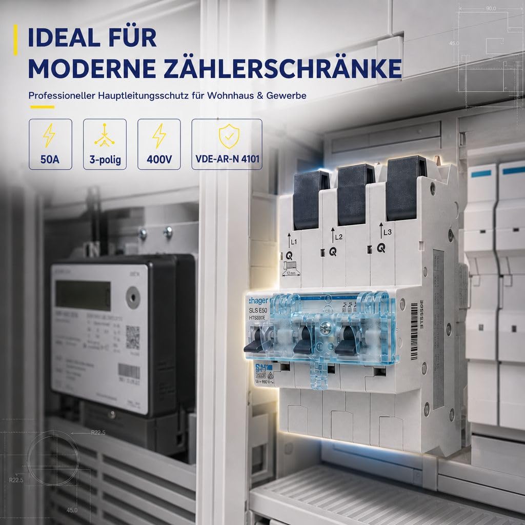 Hager HTS350E SLS-Schalter 50A 3-polig selektiver Hauptsicherungsautomat SHU mit Stecktechnik, Hauptleitungsschutzschalter für Zählerschrank Sammelschiene 400V 25kA