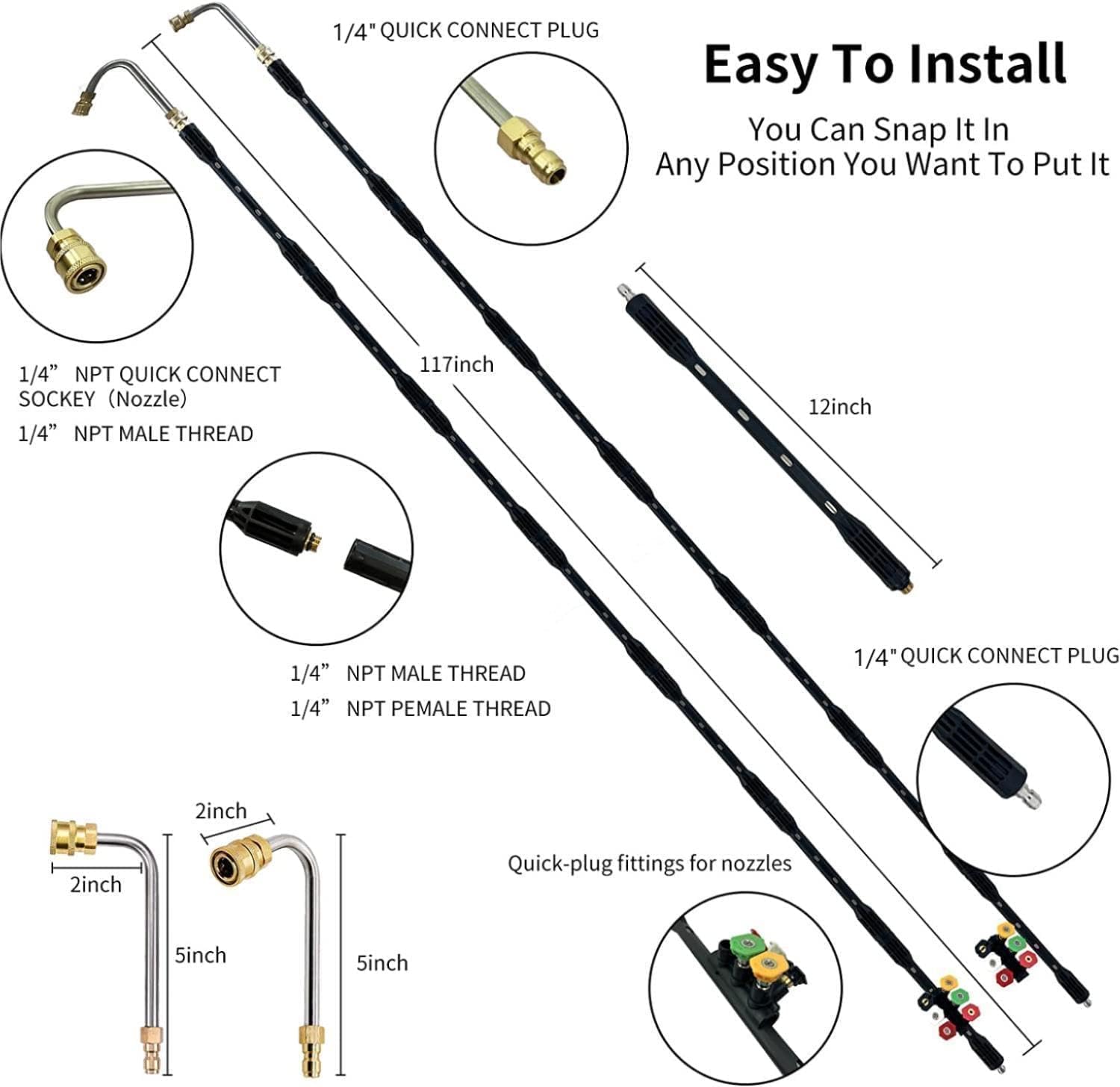 10 varillas de extensión para lavadora a presión Karcher compatible K Series (K2, K3, K4, K5, K6, K7), herramientas de limpieza de canalones 4000 PSI, lanza de extensión 1/4
