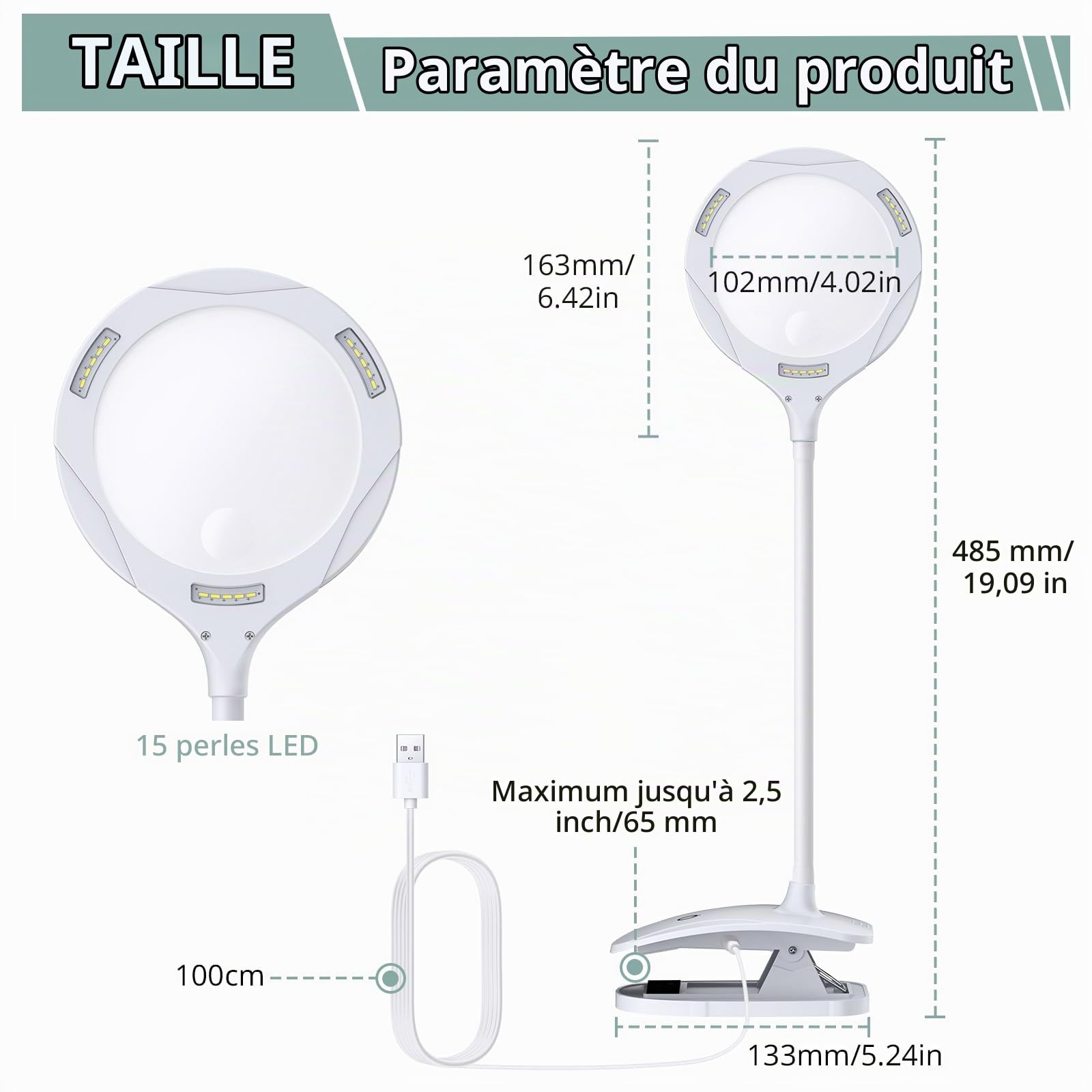 COLFULINE 2 en 1 Lampe Loupe LED-Loupe de Table Grossissement 5X10X-3 Mode de Luminosité-Lampe Loupe avec Pince- Chargement USB-Lampe de Table à Base et à Clip Idéal pour Lecture,Bureau