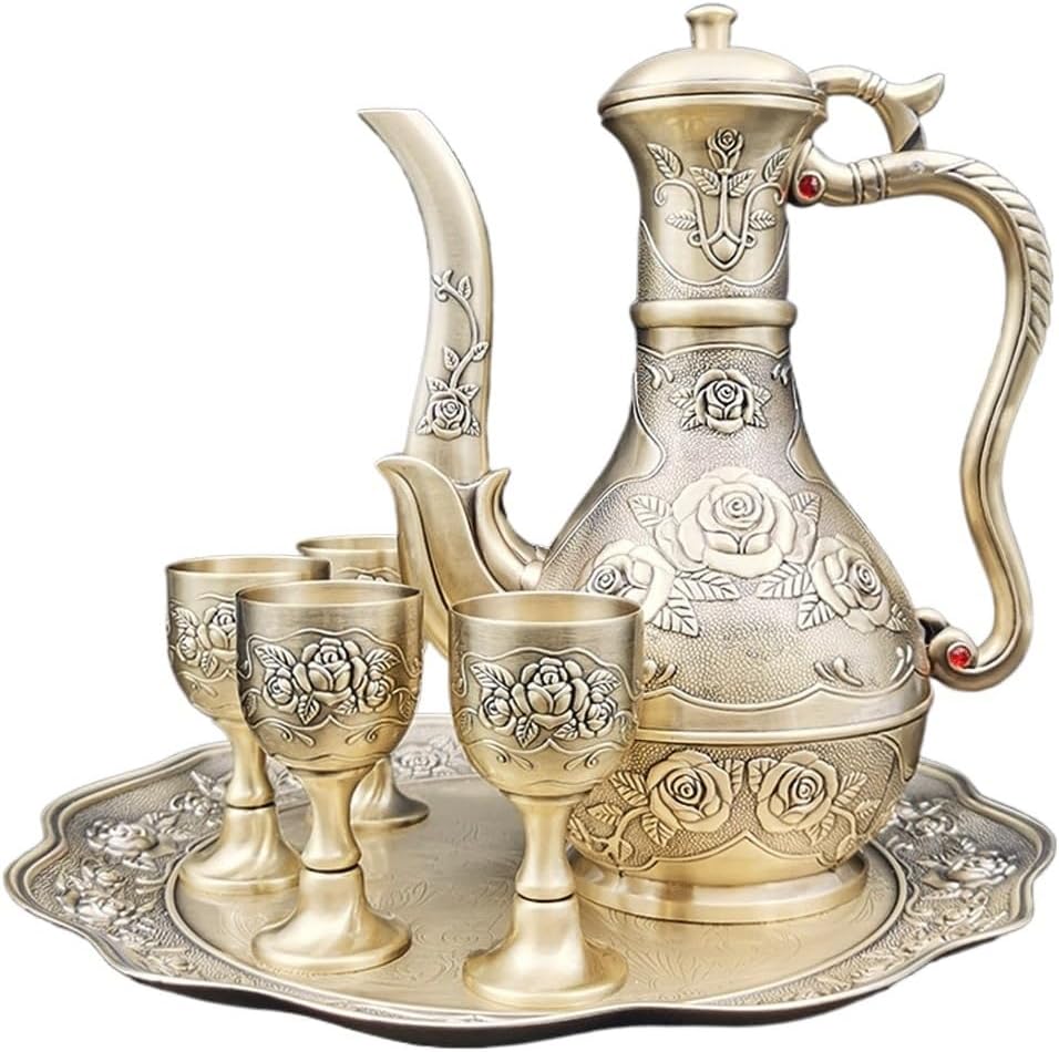 Antique Bronze 6-piece Set of Metal Wine Pot Glass Wedding Housewarming Gift
