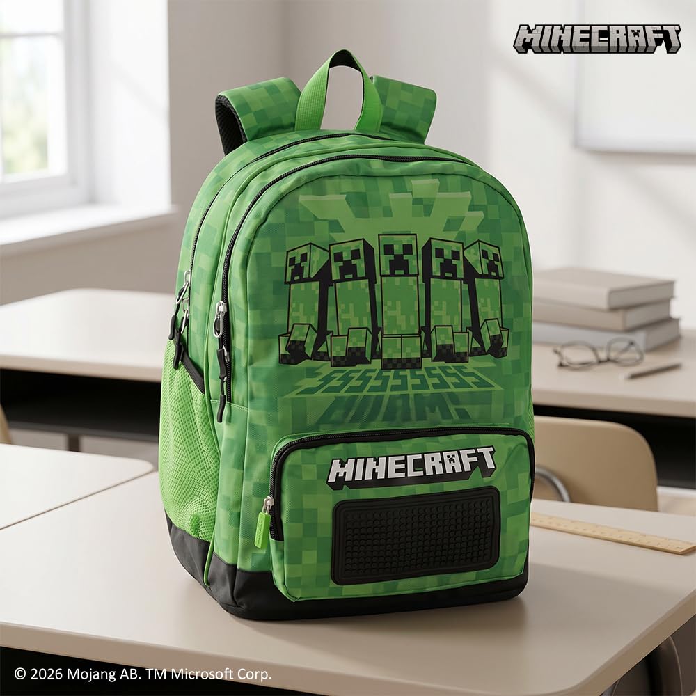 MINECRAFT Online Exclusive - Zaino Scuola Minecraft, con 2 Ampi Spazi Centrali, Tasca Frontale, Tasche Laterali in Rete, Spallacci Regolabili Imbottiti, Retro e Fondo Termoformati, 32x43Hx23cm