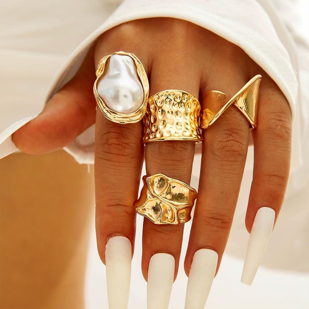 Chunky Gold Irregular Rings Stack Set for Women Statement Baroque Pearl Flower Stackable Knuckle Finger Ring Non Tarnish Boho Hammered Jewelry Gifts - Image 3