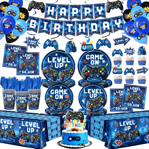 196 Pcs Video Game Birthday Party Decorations (Serves 24) Game Party Tableware Include Banner Hanging Plates Napkins Cups Forks Knifes Tablecloth Topper Balloons for Boy Party (Blue)