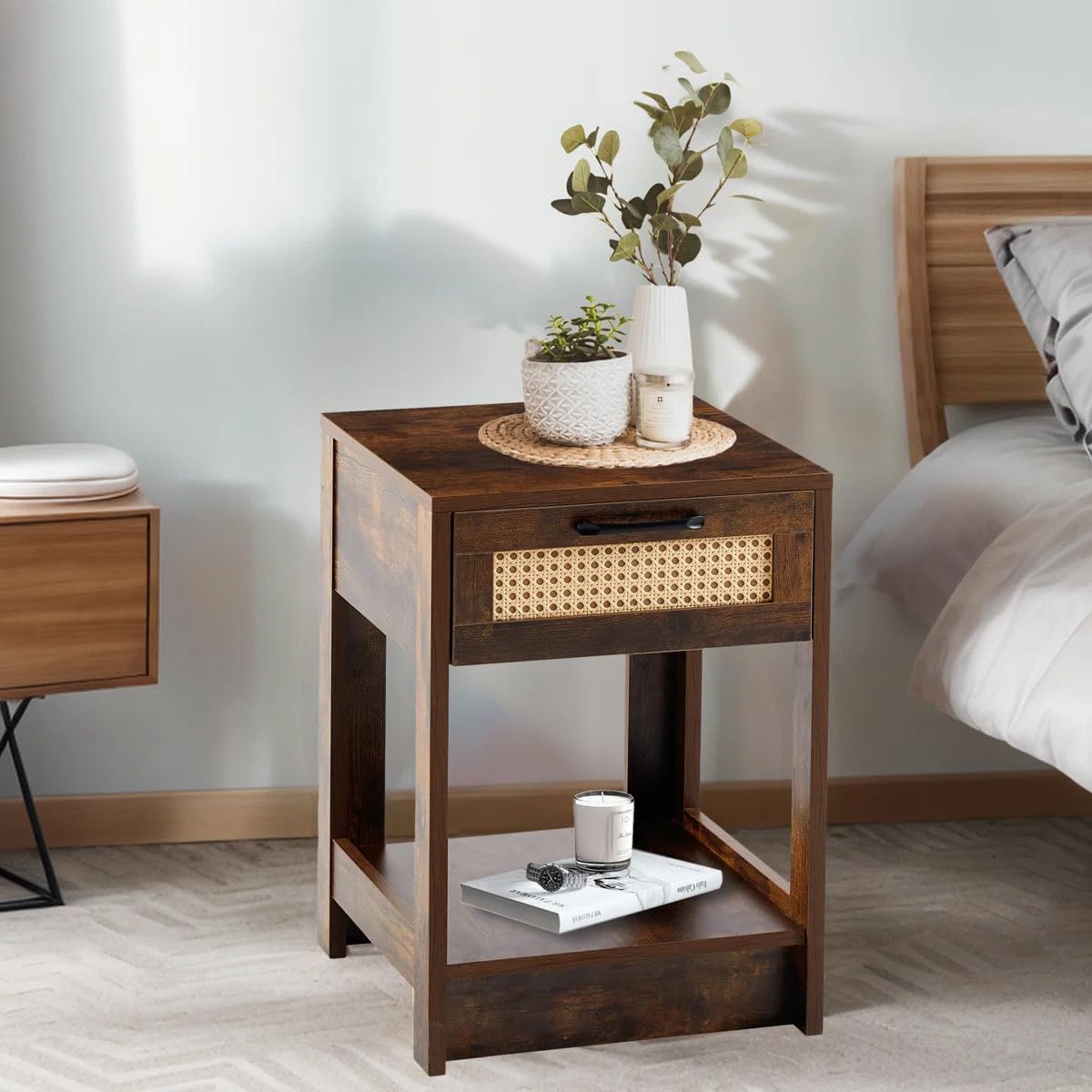 misan wooden bedside table with cane drawer, boston solid wood bedside table with drawers mid century night stand for living room, bedroom, brown
