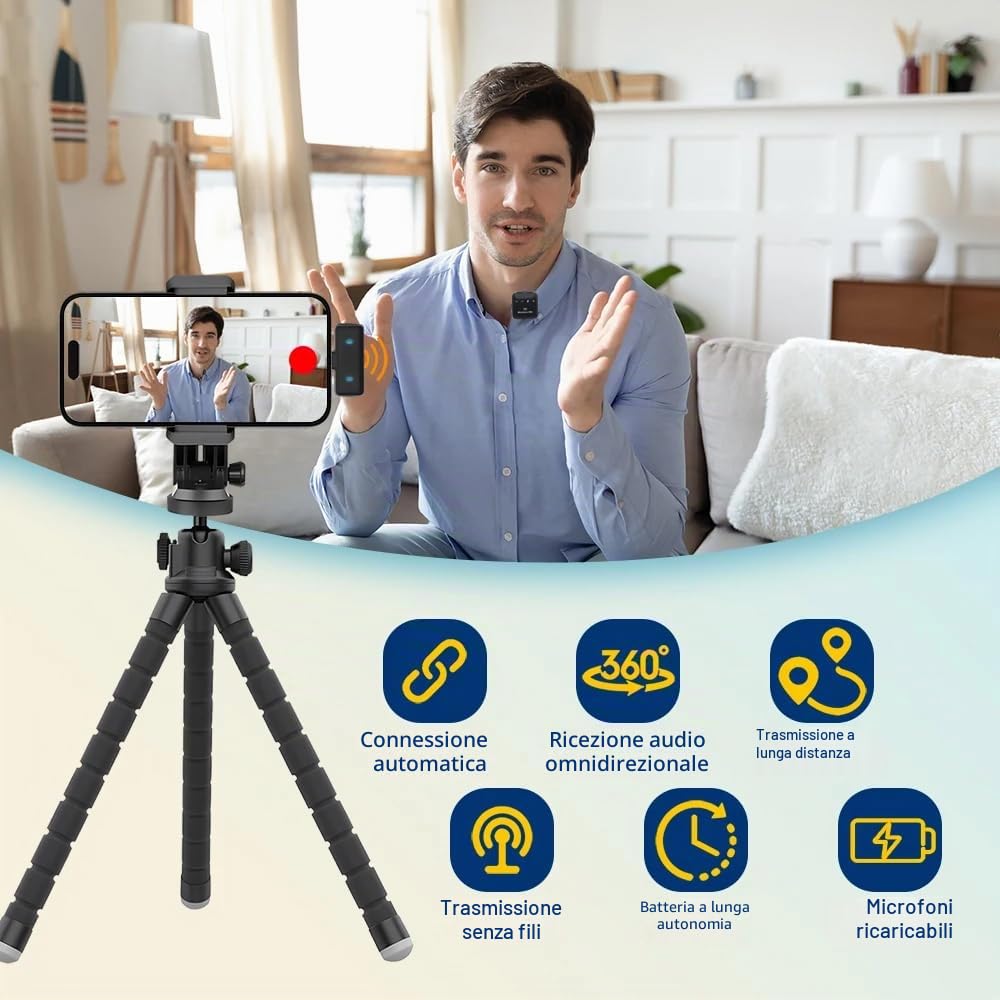 Microfoni Wireless Lavalier(2TX+1RX) Mini Microfono Plug-and-Play,Registrazione a Doppio Canale,Microfono Portatile Con Riduzione Intelligente del Rumore Per Smartphone, Registrazione Video