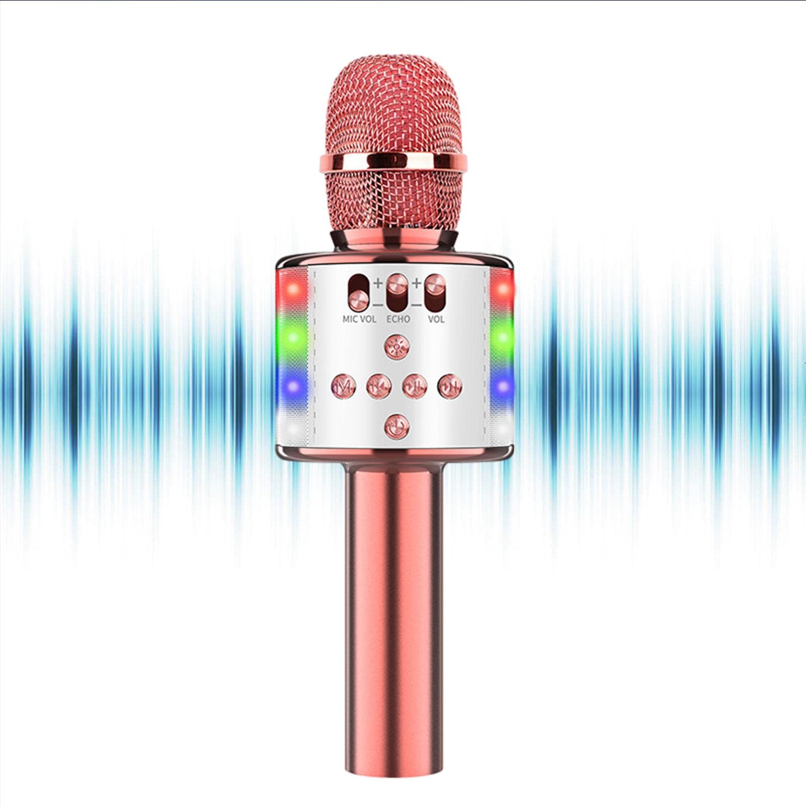 Mikrofon do karaoke 4 w 1, profesjonalna jakość dźwięku i LED, przenośny mikrofon dla dzieci i dorosłych, idealny na imprezy domowe - różowe złoto biały