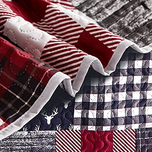 Umchord Cabin Quilt Sets Queen, Christmas Patchwork Rustic Lodge Deer Quilt Bedding Set, All Season Lightweight Reversible Bedspread Coverlet With 2 Pillow Shams (Red, Queen) #TOP3