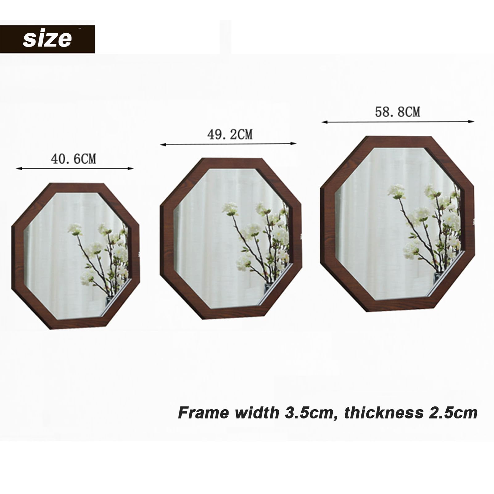 Achteckiger Wandspiegel Walnuss, Kleiderholz -Holzrahmen für Waschtisch und Rasur, Elegantes Dekorbad Wohnzimmer Walnut,40cm