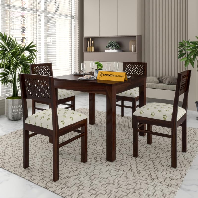 Image of Solid Sheesham Wood 4 Seater Dining Table Set with Chairs for Dining Room | Living Room | Home & Office | Hotels Restaurant & Cafe (4 Seater, Walnut Finish)