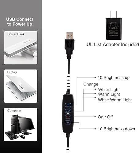 Miniatura 5 de Lámpara con abrazadera, luz de clip, lámparas de escritorio, 3 ajustes de temperatura de color, 10 niveles de brillo, cable USB de 6.6 ft