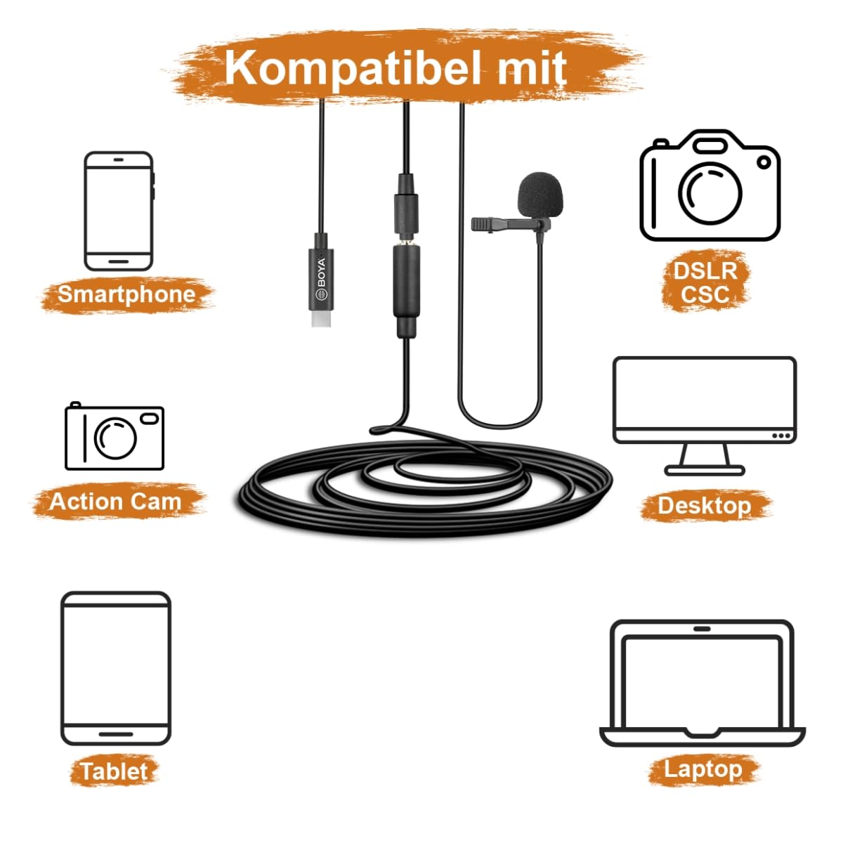 Walimex pro Boya M3 mikrofon wtykowy typu USB-C – mały, wydajny mikrofon lawalierski 50 Hz – 20 kHz do smartfonów, tabletów, komputerów PC ze złączem USB-C, do wywiadów, vlogowania, moderowania