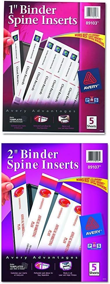 Avery 89103 Binder Spine Inserts, 1" Spine Width, 8 Inserts per Sheet (Pack of 5 Sheets) + Avery 89107 Binder Spine Inserts, 2" Spine Width, 4 Inserts per Sheet (Pack of 5 Sheets)