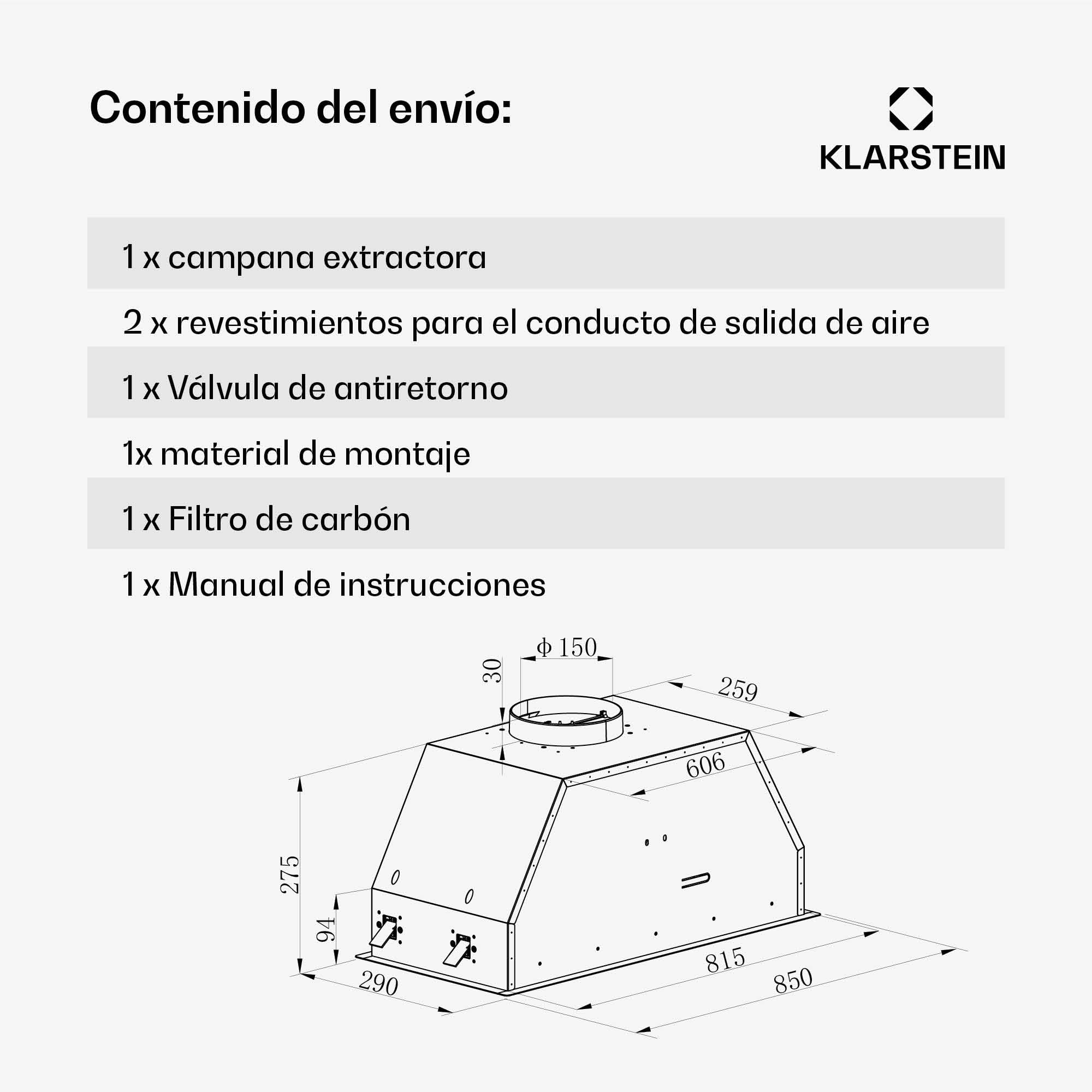 Klarstein Ventimate Campana Integrada, 85cm Campana Extractora con Control Táctil, 390 m³/h, Eficiencia Energética A+, Motor Silencioso, Luz LED, Filtro de Carbón para Recirculación, Negro