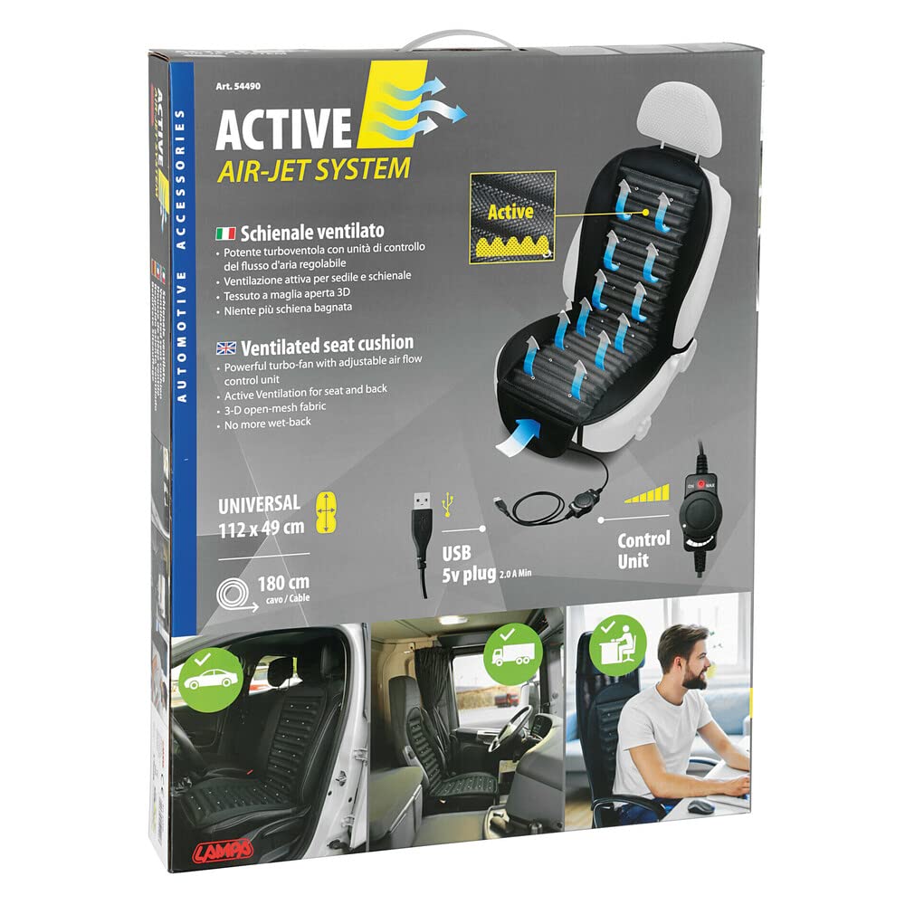 Lampa 54490 Air-Jet Active, Schienale ventilato Auto, coprisedile Auto con Ventilazione, coprisedile rinfrescante per Schienale Auto Camion Ufficio con Flusso Aria Regolabile, Presa USB
