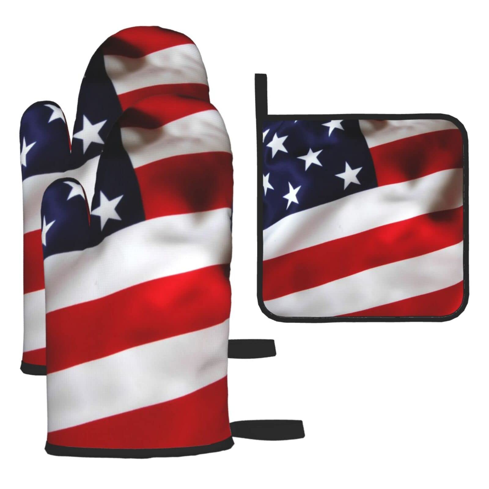 American Flag Printed Kitchen Baking Three-Piece Heat-Resistant Thick Cotton Oven Gloves for Cooking and Baking.