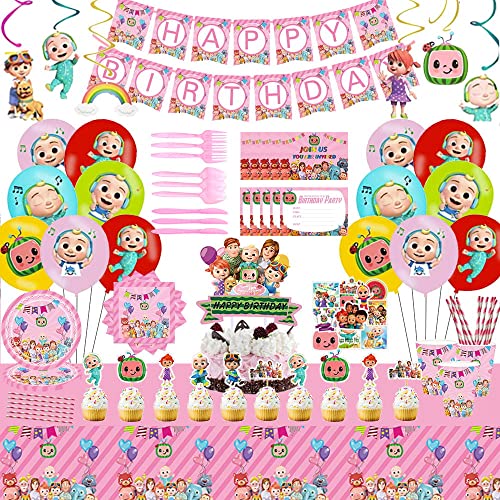Coco Cartoon Melon Party Decorations Coco Party Supplies for Girls 202 Pcs Including Coco Birthday Banner, Hanging swirls,Cake Topper, Balloons, Stickers, Invitation card, napkin, Tablecloth, Knives, Forks and Spoons