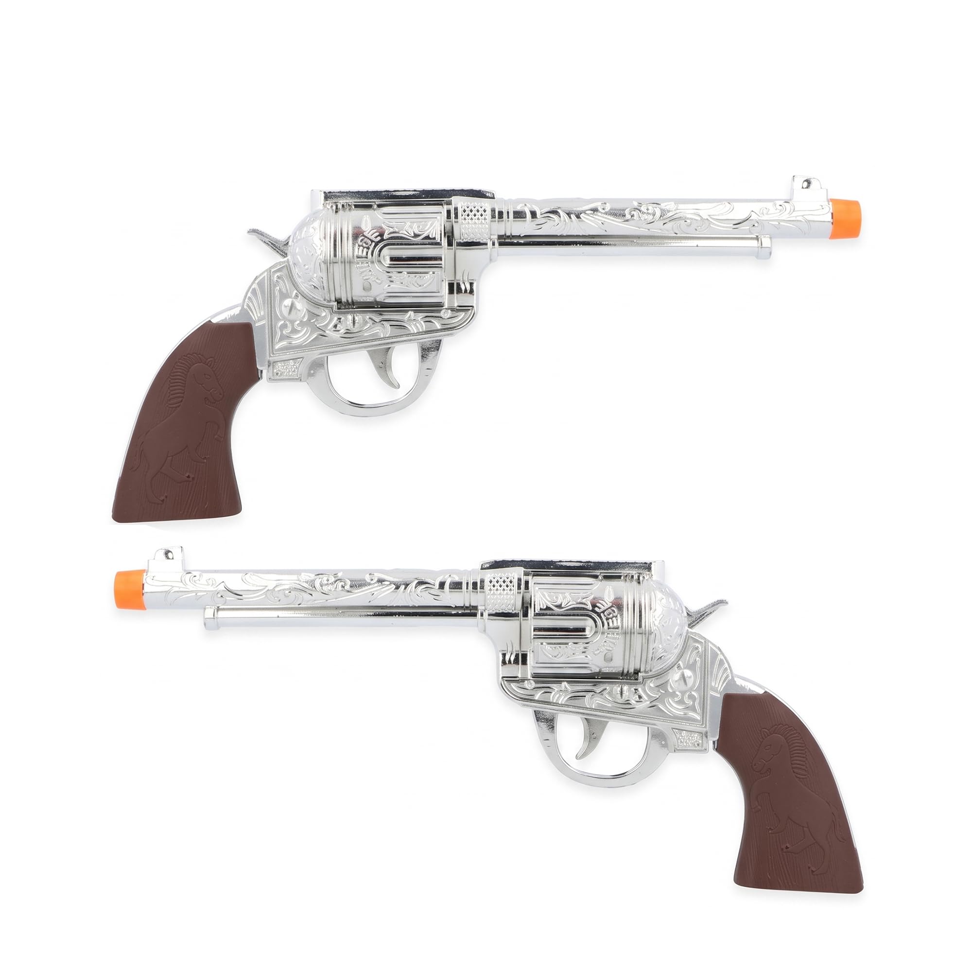 Lizzy 2pcs Silver Cowboy Pistol Toy 28cm – Fancy Dress Costume Accessory with Decorated Barrel & Wood Effect Handle for Adults | Wild West Sheriff Western Prop