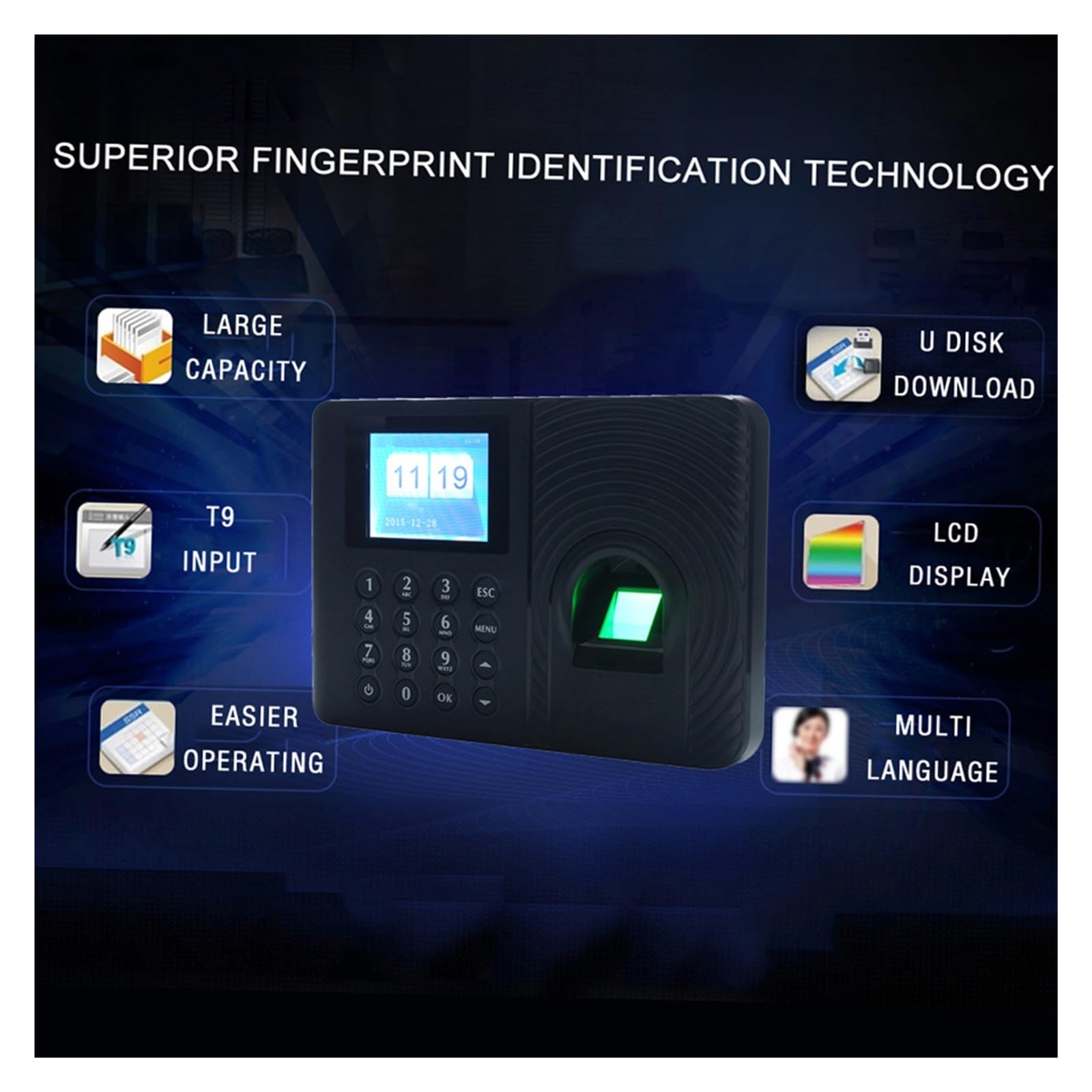 Rilevatore Presenze, Macchina for la rilevazione e presenze con password e impronte digitali, registratore di registrazione dei dipendenti, schermo LCD TFT da 2,4 pollici, DC 5V