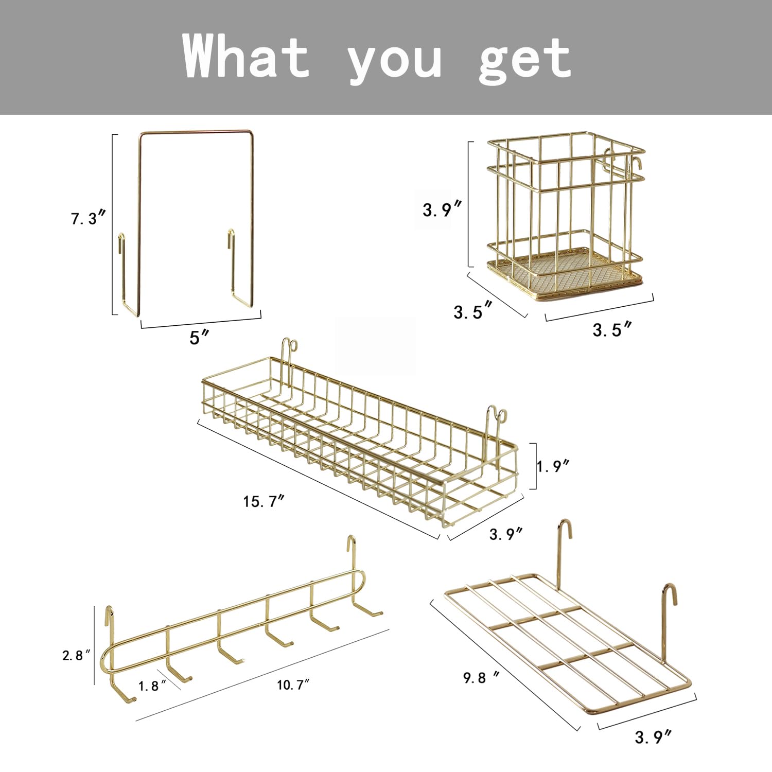 PEAUARL Metal Mesh Wall Grid Panel Hanging Basket,Display shelf,Pen Holder,Hooks Rack,Bookshelf,Decorative Desk Storage Organizer For Office,Study,Set of 5 (Gold)