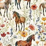 Livelynine Vintage Horse Peel and Stick Wallpaper Western Horses Whimsical Farm Animal Contact Paper Removable Vinyl Pink Green Blue Brown Flower Colorful Floral Wallpaper for Bedroom Girls 17.5x78.8'