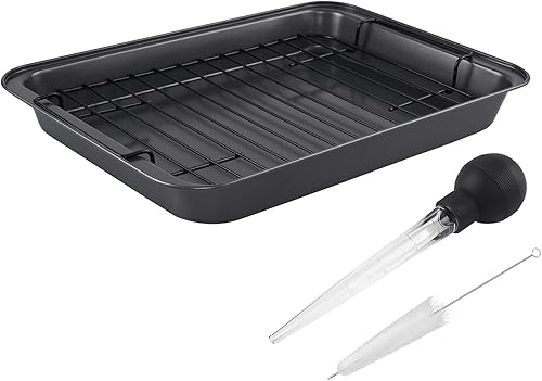 Kitcom Sartén antiadherente con estante, asador de pavo de 16.5 x 11 x 2 pulgadas para pavo, pollo, carne y verduras, lasaña (gris)