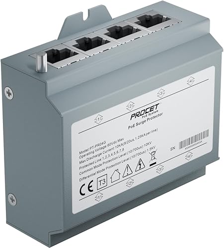 Miniatura 3 de PROCET - Protector de sobretensiones Ethernet Gigabit, 4 pares de puertos de 20 KV, pararrayos industrial para -40F a 185F, 120Wpuerto PoE++ RJ45,