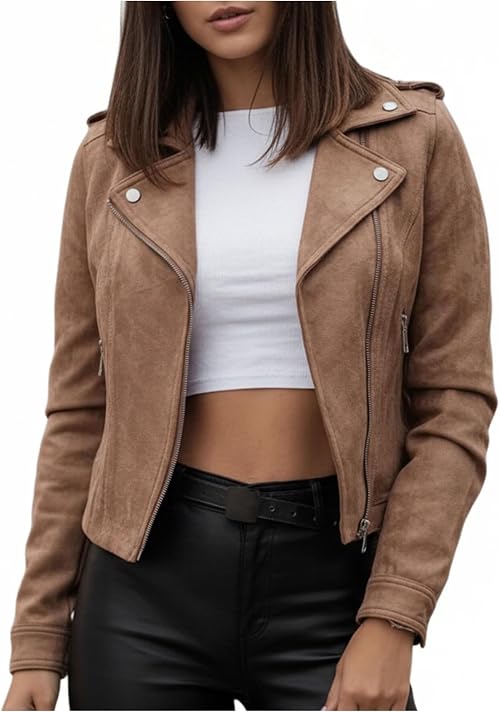 Women's Faux Suede Motorcycle Jacket Zip Up Casual Biker Outerwear