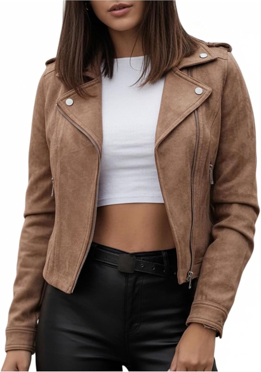 Women's Faux Suede Motorcycle Jacket Zip Up Casual Biker Outerwear