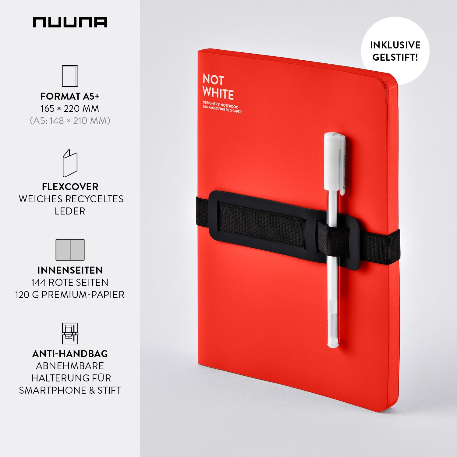 Nuuna Notizbuch A5+ Not White L Light - Rot, Leder rot
