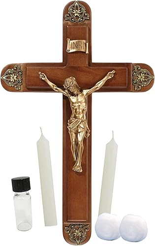 Needzo Juego de crucifijos Sick Call que incluye dos velas, botella de agua bendita de vidrio, algodón e instrucciones completas, cruz de pared de