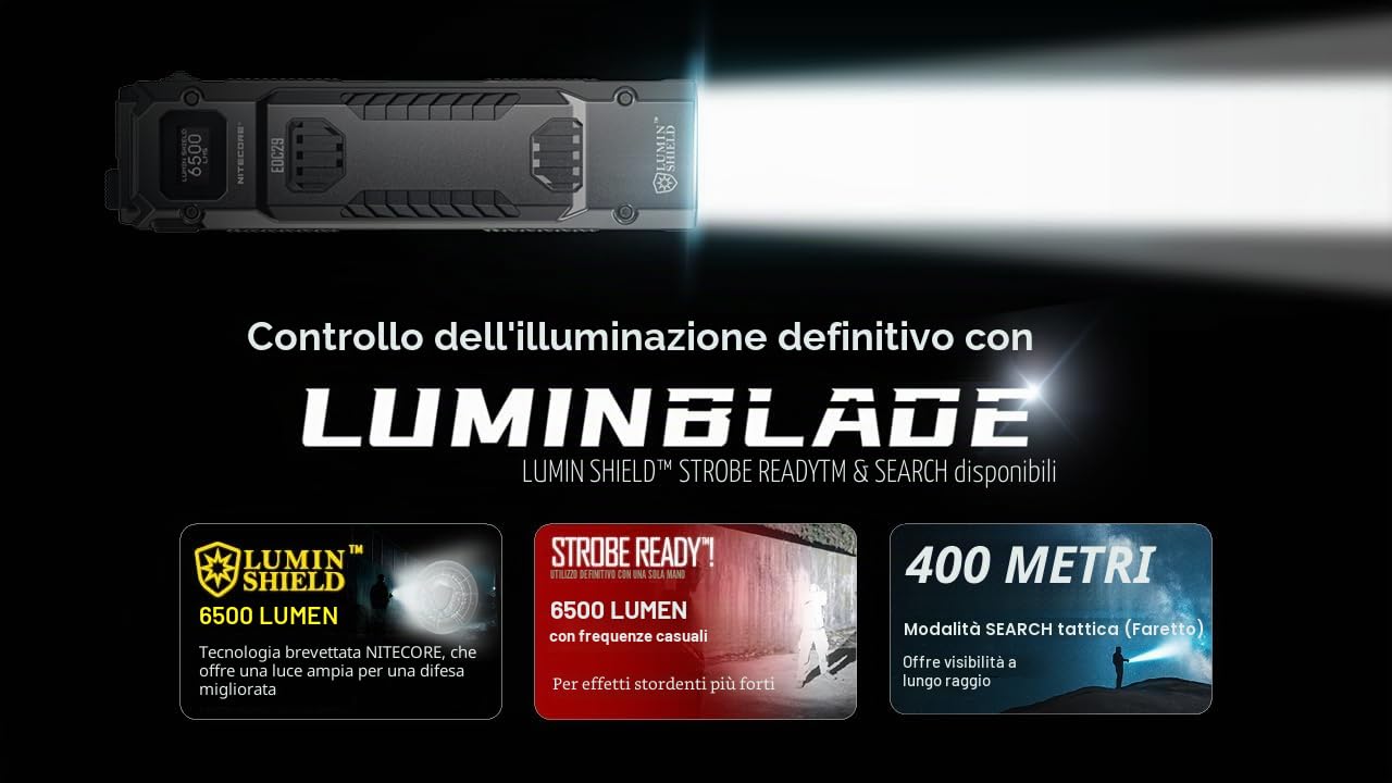Nitecore Torcia elettrica EDC29 Luminblade – Torcia tattica LED ricaricabile USB, ultra luminosa 6500 lumen, fino a 61 ore di autonomia