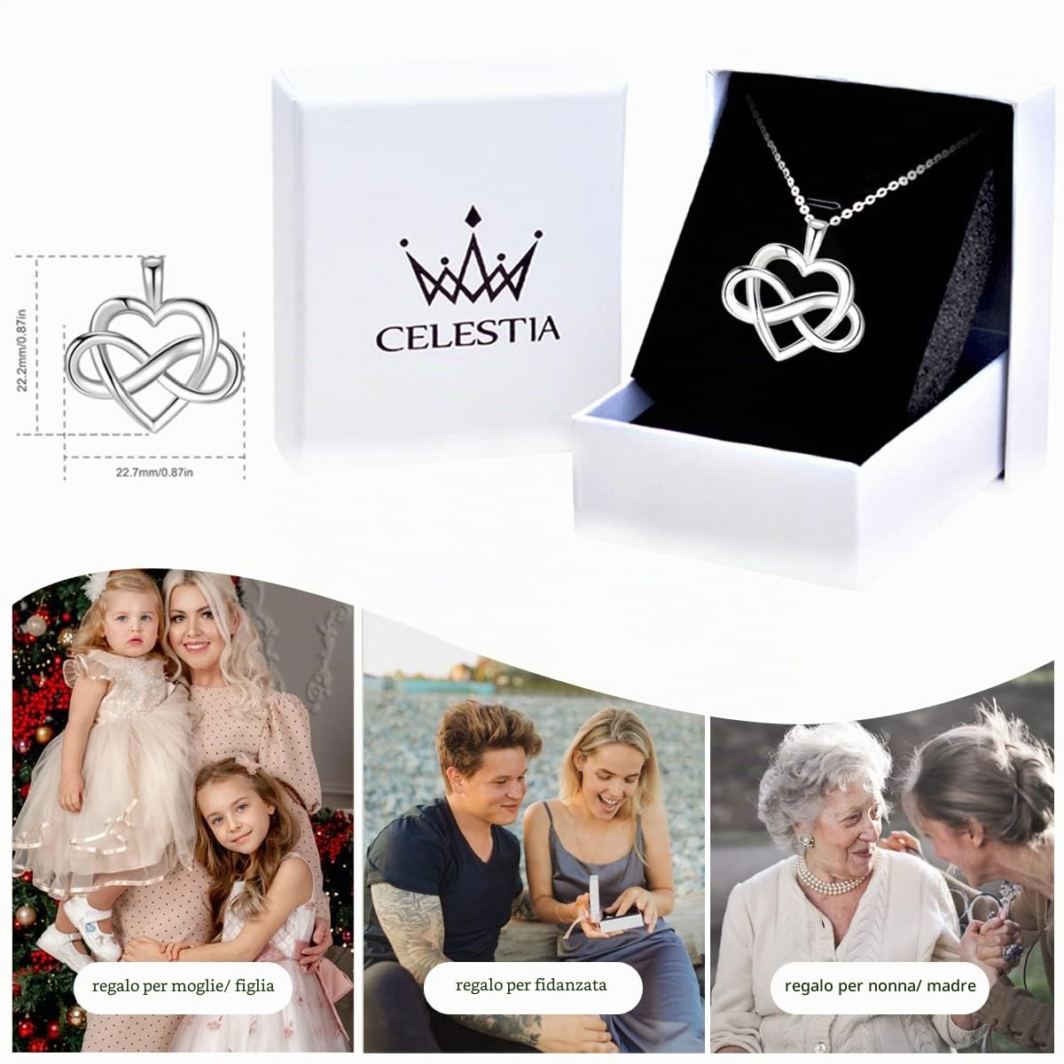 CELESTIA Collana Mamma Figlia e Figlio Argento 925 Ciondolo Cuore Donna Amore Regalo Mamma Idee Festa della Mamma Ti Voglio Bene Regalo a Mia Moglie Regali Nonna
