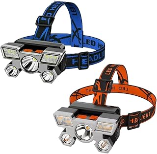Headlamp Flashlight 750000lm COB LED Headlamp Rechargeable Head Light Flashlight Torch Lamp USA Aluminum Prismatic Head lamp with Triple Light Source for Outdoor Camping Fishing Hiking (Orange+Blue)