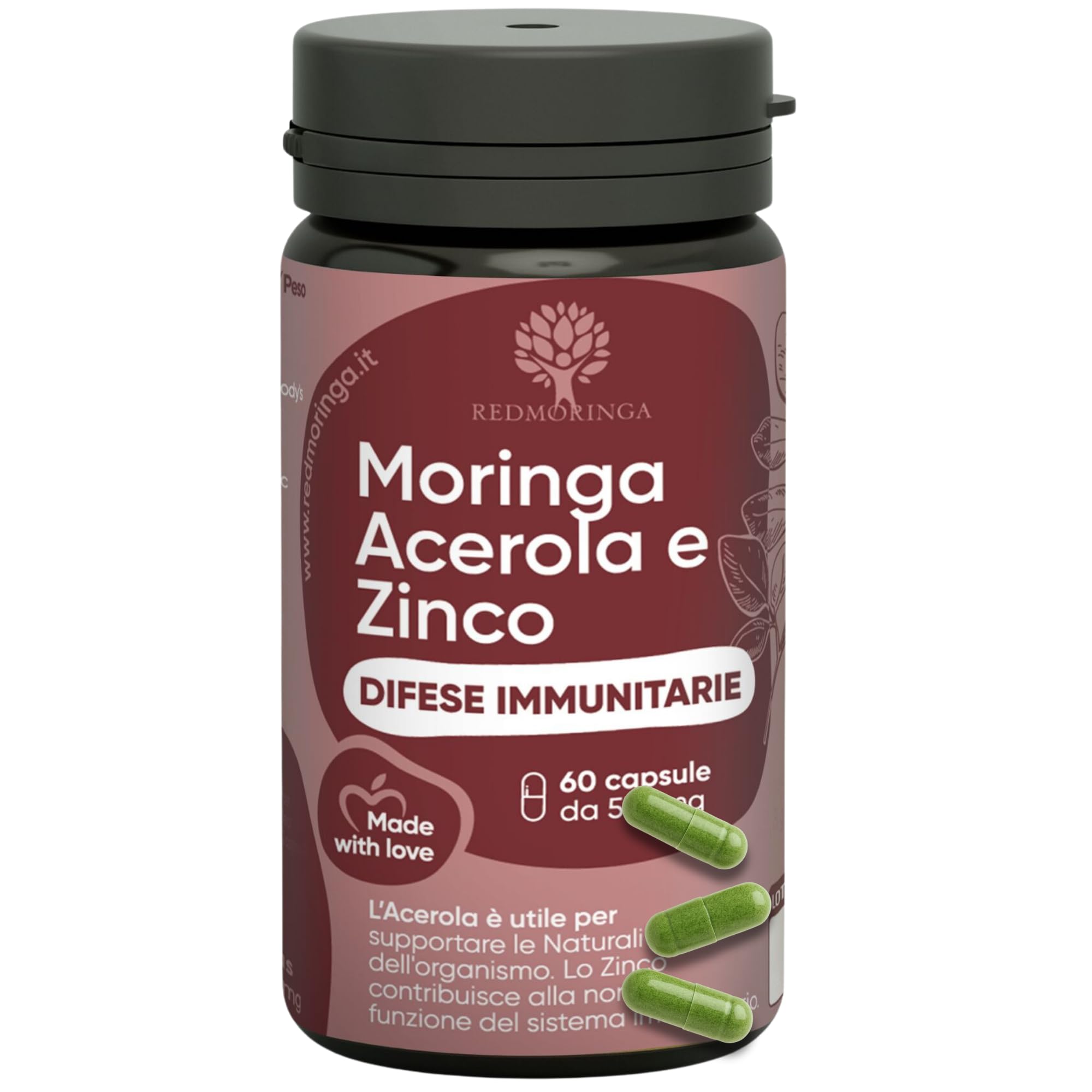 Integratore Difese Immunitarie Acerola e Moringa - Vitamina C 100% naturale - Adatto ad Adulti e Bimbi - Rafforza il Sistema Immunitario naturalmente con Moringa, Acerola e Zinco | 90 Capsule