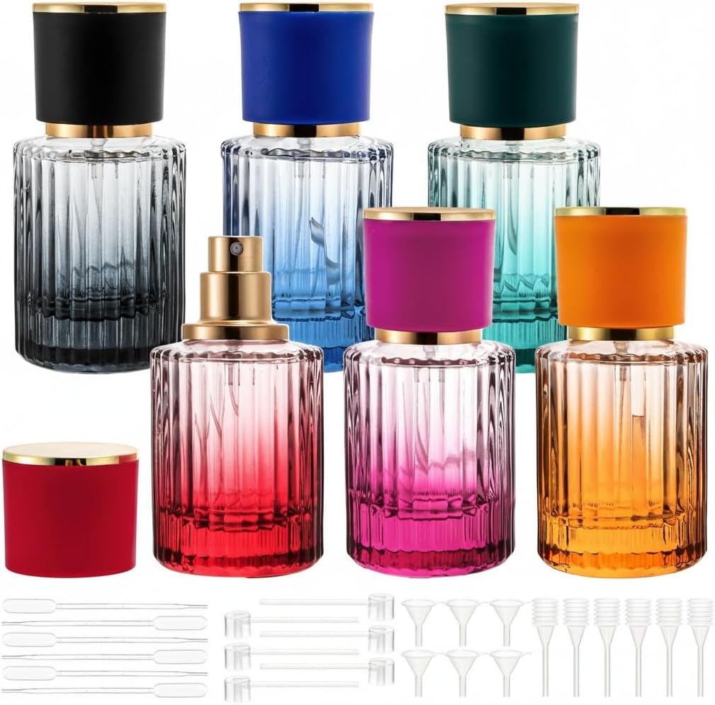 Lawei 6 Pack 30ml/1oz Refillable Perfume Bottles, Empty Small Glass Spray Bottles with 4 Kinds of Perfume Dispenser, Portable Travel Atomizer Bottle, Leak-proof Fragrance Containers for Men/Women