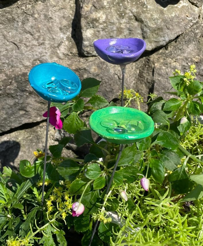 Set of 3 Bee & Butterfly Watering Stations with Garden Stakes – Ceramic Insect Drinking Cups with Glass Beads, Pollinator Garden Decor, Outdoor Flower Garden Sculpture